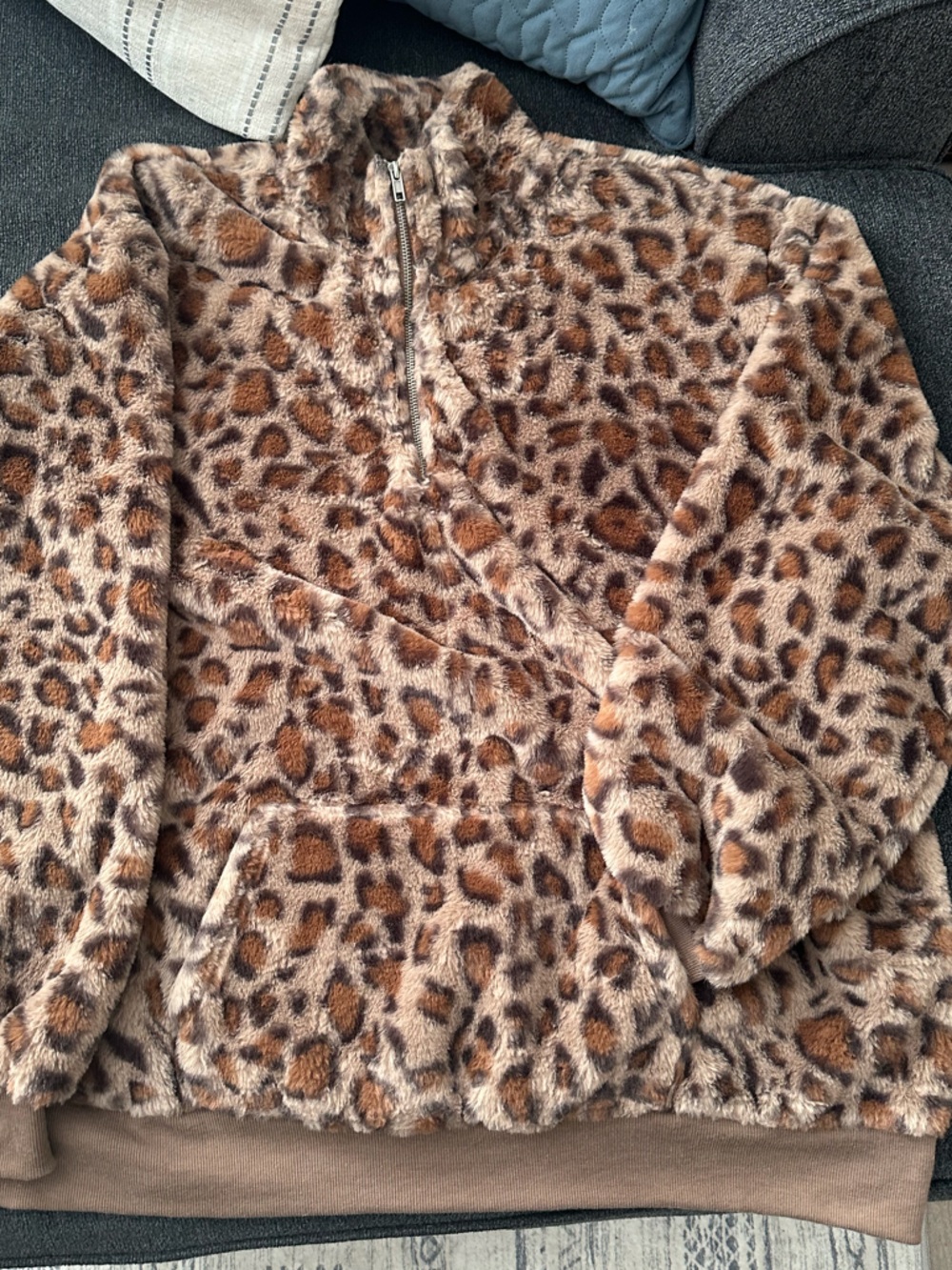 Faux Fur Leopard Print Zip-Front Jacket - Brown
